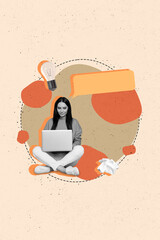 Vertical creative photo illustration collage of smart young woman sitting with laptop writing great...