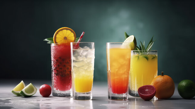 Stylish fresh cocktails and juice drinks with fruits on a black background. Al