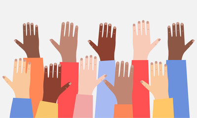 Obraz premium Social diversity concept, Hands up, Hands Diverse Diversity Ethnic Ethnicity Variation, International Human Rights awareness month illustration for global equality and peace with colorful people hands
