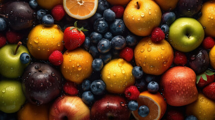 Fototapeta na wymiar Juicy fruits top view background. Al generated
