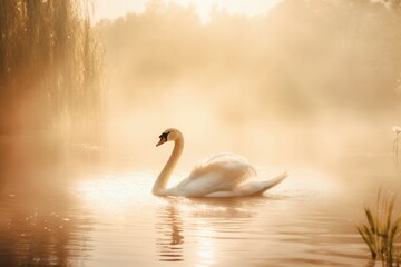 Plakat Swan misty lake nature. Generate Ai