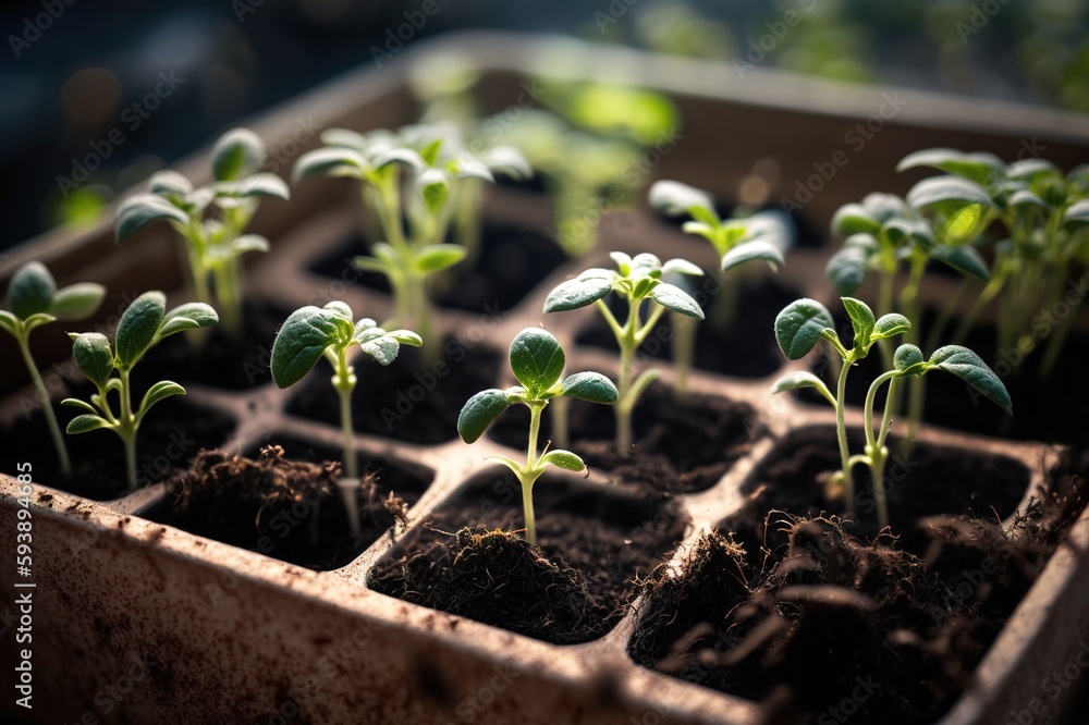 Poster seedlings of plants in a pot in a greenhouse background of a spring seedling generative ai