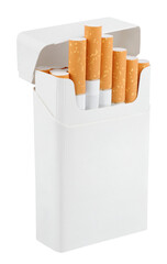 Open pack of cigarettes stands vertically on transparent background