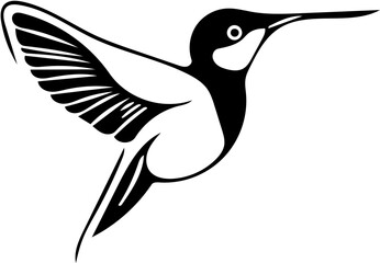 Black and white vector logo design of a flying hummingbird, silhouette illustration of bird 