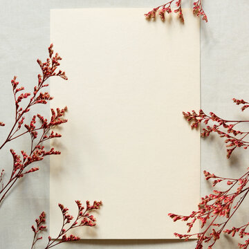 Spring, summer wedding, birthday, mother's day. Closeup of empty greeting card, invitation mockup with blank beige sheet of paper and decorative red dry flowers. Basic textile gray background. 
