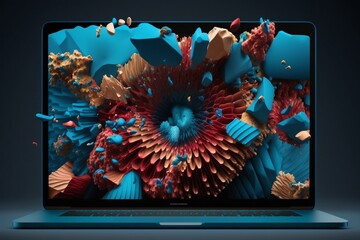 Blue MacBook displaying a colorful digital design for web design. Generative AI
