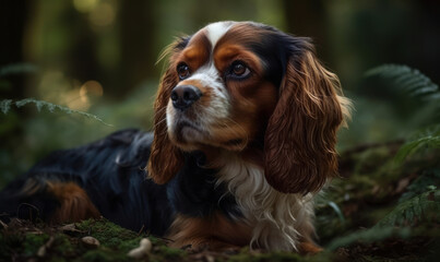 close up photo of Cavalier King Charles Spaniel on blurry forest background. Generative AI