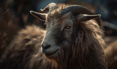 Photo of cashmere goat, animal is depicted in full figure, with every fiber of its coat visible in the image which showcases the goat against a backdrop of rugged mountain terrain. Generative AI