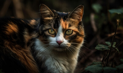 Naklejka na ściany i meble close up photo of calico cat on natural blurry forest background. Generative AI