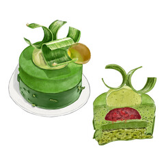 Watercolor Painting of Matcha Raspberry Mousse Cake