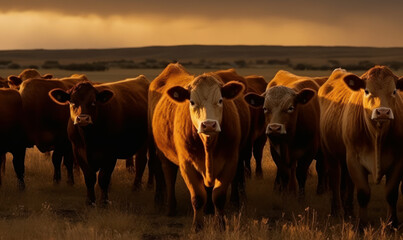 sunset photo of cattle in its natural habitat. Generative AI - obrazy, fototapety, plakaty