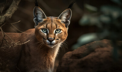 Obraz premium Caracal captured in exquisite detail as it prowls through the rocky terrain of its natural habitat. image showcases the caracal's stunning golden coat, piercing green eyes & agile form. Generative AI