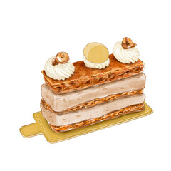 Watercolor Painting of Millefeuille, Dessert