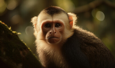 sunset photo of capuchin monkey in its natural habitat. Generative AI