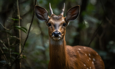 photo of bushbuck on blurry forest background. Generative AI