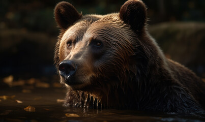 Fototapeta na wymiar close up photo of Ursus arctos standing in water with blurry forest background. Generative AI