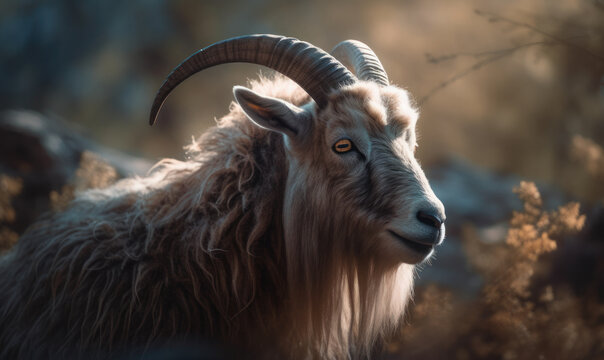 Photo of cashmere goat, animal is depicted in full figure, with every fiber of its coat visible in the image which showcases the goat against a backdrop of rugged mountain terrain. Generative AI