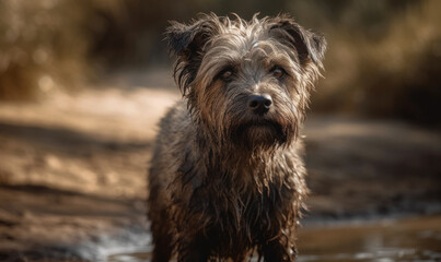 photo of dirty cairn terrier standing in water on a forest path. Generative AI