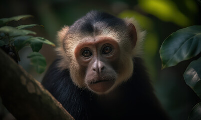 Photo of capuchin monkey in its lush, verdant rainforest habitat. The monkey's piercing eyes, expressive face, and nimble movements are brought to life in this hyperrealistic image. Generative AI
