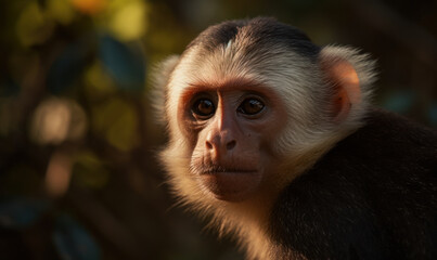 Fototapeta premium close up photo of capuchin monkey on blurry bokeh forest background. Generative AI