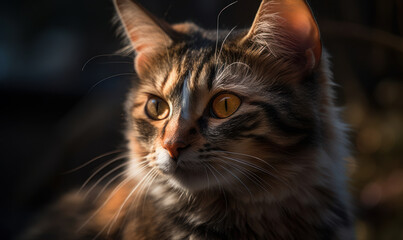 sunrise close up photo of calico cat on natural blurry forest background. Generative AI