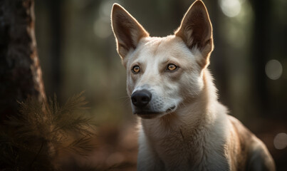 Obraz premium close up photo of Canaan dog on blurry forest background. Generative AI