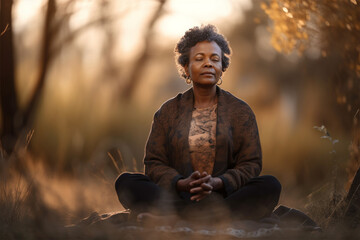  african american woman meditate outdoors in the park in the shade of trees. Generative AI