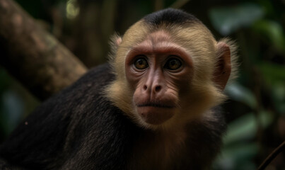 Photo of capuchin monkey in its lush, verdant rainforest habitat. The monkey's piercing eyes, expressive face, and nimble movements are brought to life in this hyperrealistic image. Generative AI