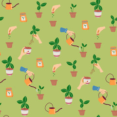 Seamless pattern with home gardening elements. Growing plant and plant care. Hand drawn abstract vector background.