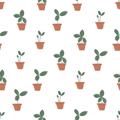 Seamless pattern with sprouts in pots. Home gardening and plant care concept. Hand drawn minimalistic vector background. 
