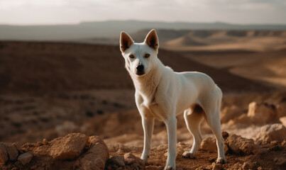 Photo of Canaan dog, breed native to the Middle East, amidst the rugged terrain of Israeli desert. vast expanse of the desert is providing a stunning backdrop for this majestic animal. Generative AI - obrazy, fototapety, plakaty