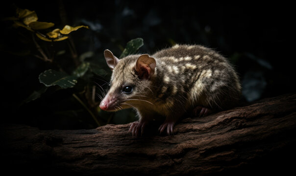 Photo of brown four-eyed opossum, a small, arboreal marsupial, captured in its natural habitat. Generative AI