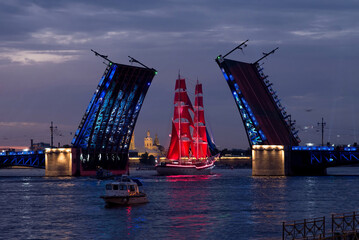 Fototapeta na wymiar Scarlet Sails, festival for graduations, event in Saint-Petersburg, Russia