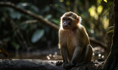 Naklejka premium photo of capuchin monkey sitting on a tree branch with forest in the background. Generative AI