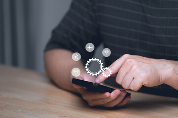 Man press smartphone for setting,Set up application for smart home,Install program on mobile,Set...