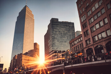 City street with sunset view, skyscrapers and street lights. Generative AI.