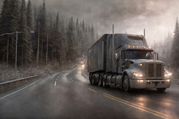 A truck is driving on the road. Dark dramatic landscape with forest as background, gloomy sky, rainy clouds. Generative AI.