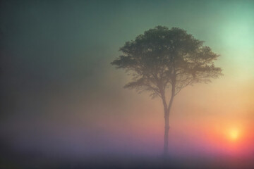 Fototapeta na wymiar One big tall tree, sunrise in a foggy forest, sunlight through the haze, beautiful morning landscape. Generative AI.
