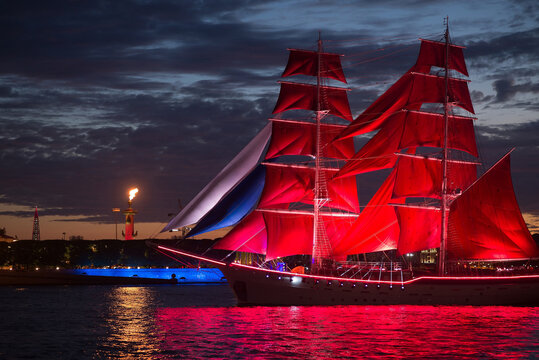 Scarlet Sails, festival for graduations, event in Saint-Petersburg, Russia. Rastral columns