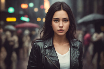 Fototapeta premium Portrait of a beautiful woman on the street of the night city with neon lights, rainy weather. Generative AI.