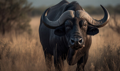 Obraz premium Cape buffalo photo standing amidst the African savannah as it highlights the buffalo's strength and resilience, evoking a sense of awe and respect for this iconic creature of the wild. Generative AI
