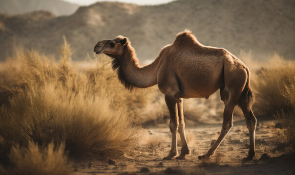 photo of camel standing on a sahara desert. Generative AI