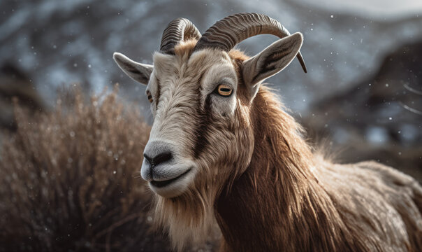 close up photo of cashmere goat with blurry mountain landscape in the background. Generative AI