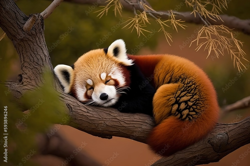Aufkleber a sleeping red panda in a tree generative ai