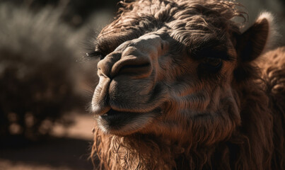 Photo of camel amidst the vast, arid expanse of Sahara desert with every hair and wrinkle sharply defined, its piercing gaze capturing the essence of the harsh, unforgiving landscape. Generative AI