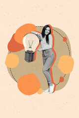 Collage of young woman directing finger lightbulb electricity blackout ukraine stop war energy...
