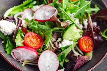 green salad cheese and vegetable radish, tomato, cucumber, green lettuce mix healthy meal food snack on the table copy space food background rustic top view keto or paleo diet veggie vegetarian food