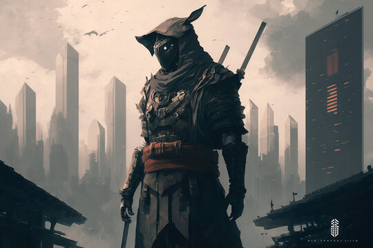 combat ninja assassin on the background of skyscrapers. 