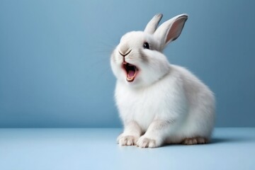 Adorable white bunny or rabbit pet with happy expression, isolated with copy space for Easter-themed background. Generative AI