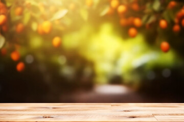 Naklejka na ściany i meble Wooden Table with Blurred Orange Garden Background, Product Display and Copy Space